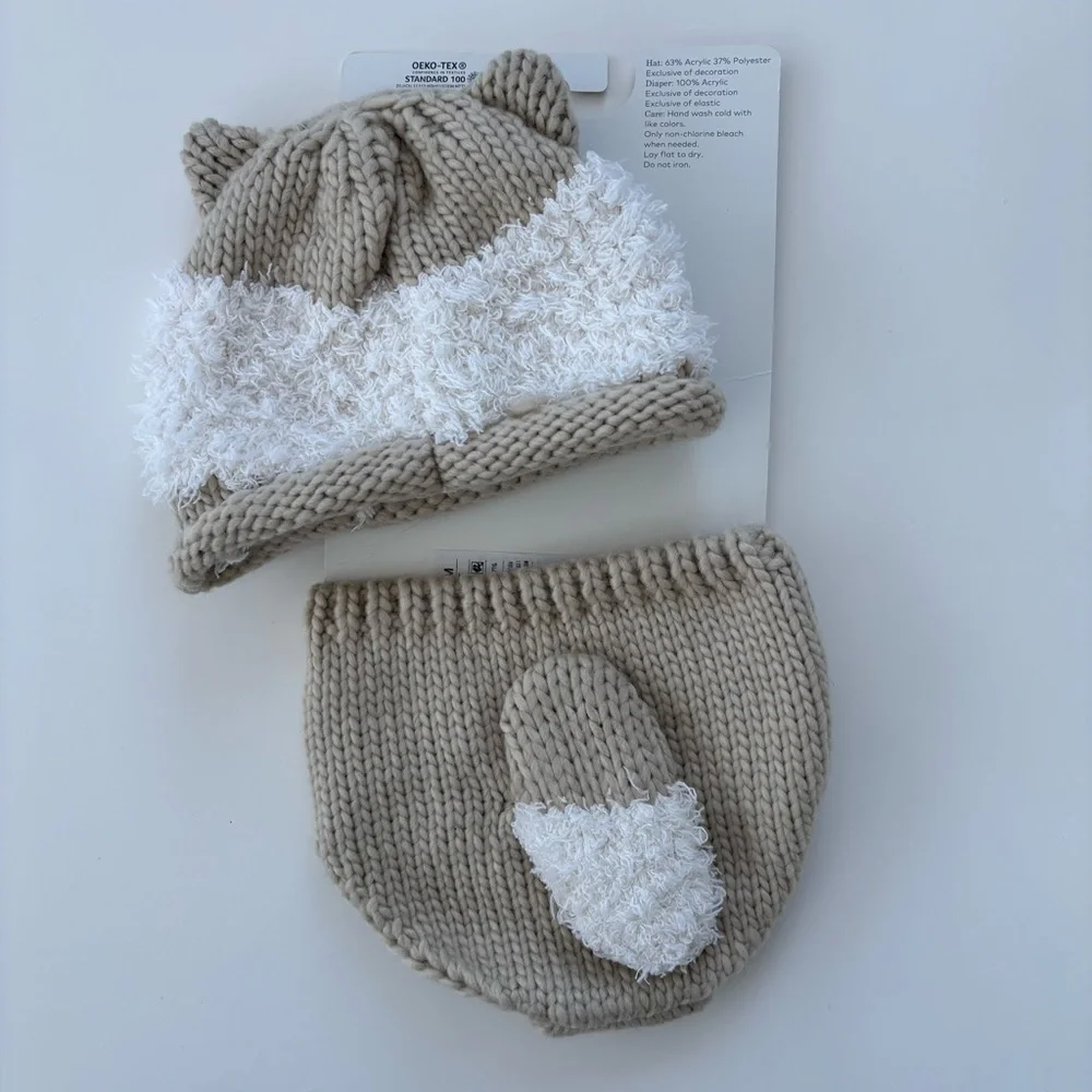 Cloud Island TAN Hat and Diaper Cover Set OSFM Baby 0-12 Months Knit Crochet
